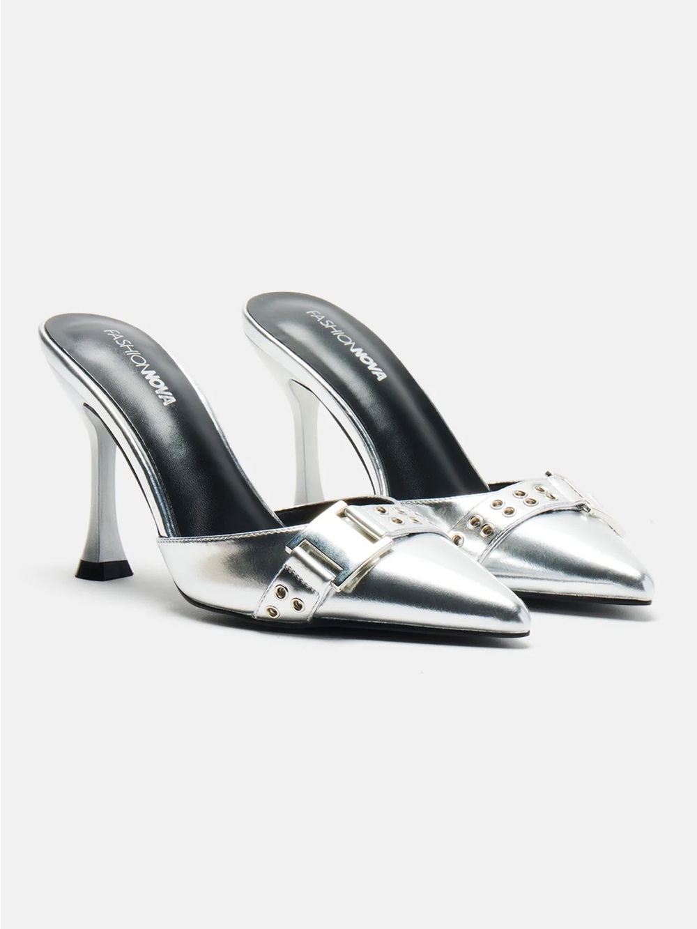 Fashion Nova Metallic Silver Pointed Mule Heels with Buckle Detail